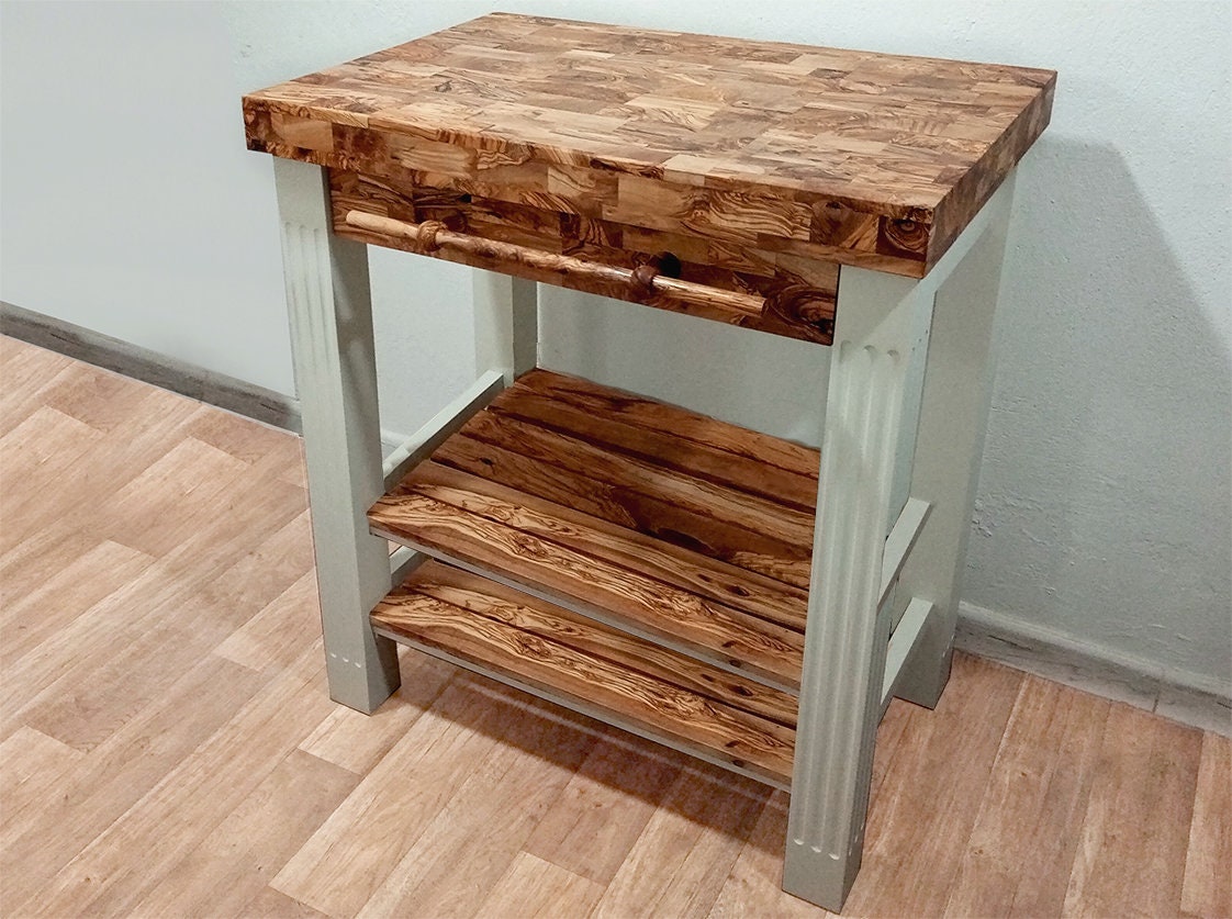 Olive Wood Scratch Resistant Solid Food Prep End Table Butcher Block Kitchen Cart With Storage Shelves