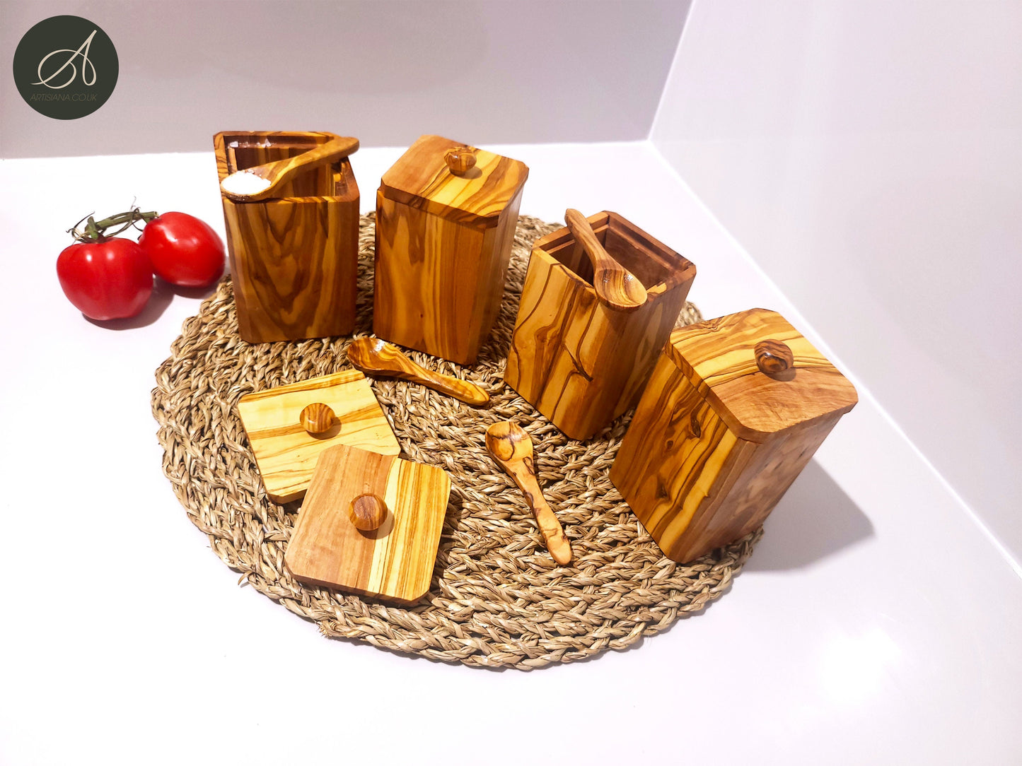Tea Coffee Sugar Spices Olive Wood Hand Crafted Wooden Jar Container Set of 4 With Lids And Spoons