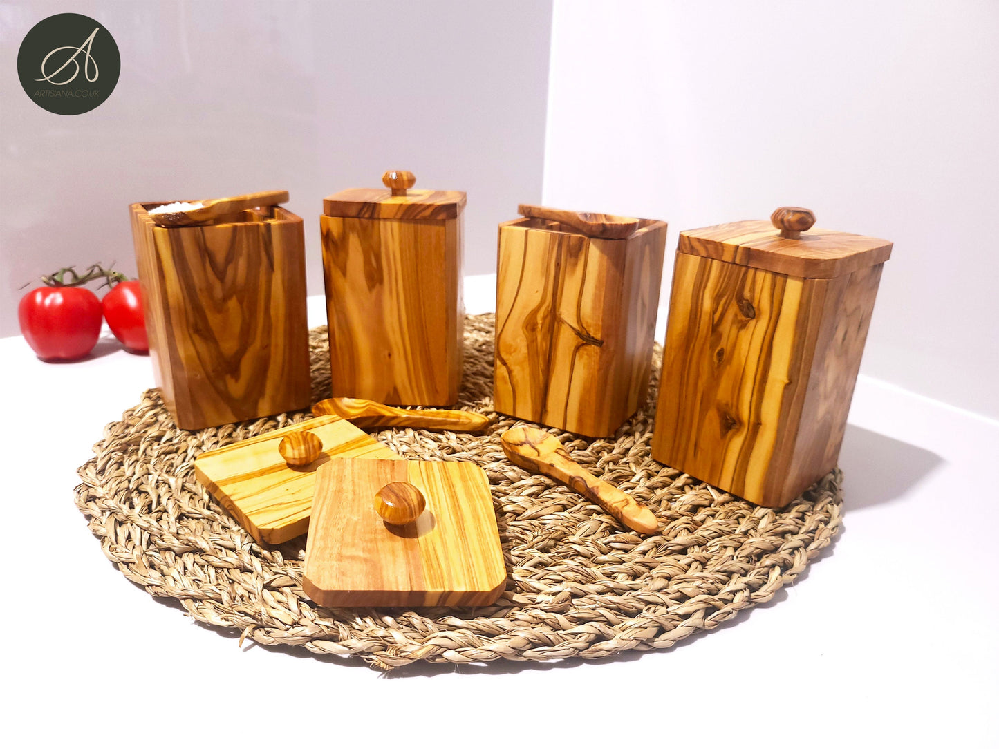 Tea Coffee Sugar Spices Olive Wood Hand Crafted Wooden Jar Container Set of 4 With Lids And Spoons