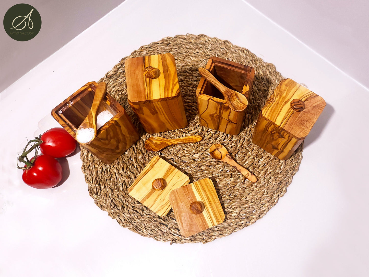 Tea Coffee Sugar Spices Olive Wood Hand Crafted Wooden Jar Container Set of 4 With Lids And Spoons