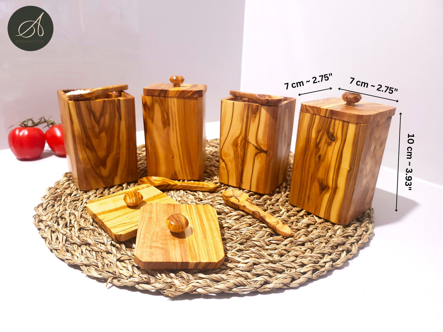 Tea Coffee Sugar Spices Olive Wood Hand Crafted Wooden Jar Container Set of 4 With Lids And Spoons