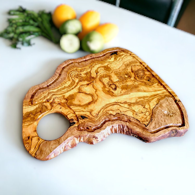 Olive Wood Irregular Shape Cutting Board with Handle and Groove 60 cm