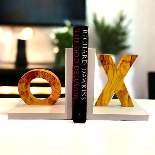 Olive Wood Handcrafted XO Bookends Wooden Bookshelf Organiser