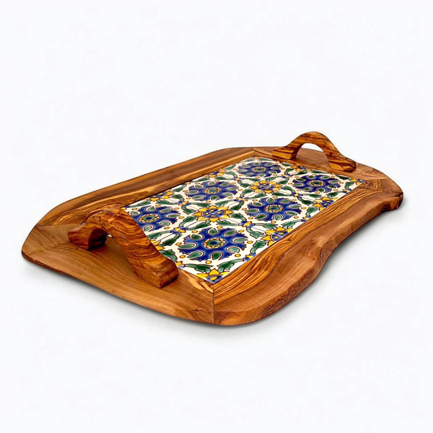 Olive Wood Large Rustic Olive Wood Ceramic Tray with Handle, serving tray, natural, handmade, gift