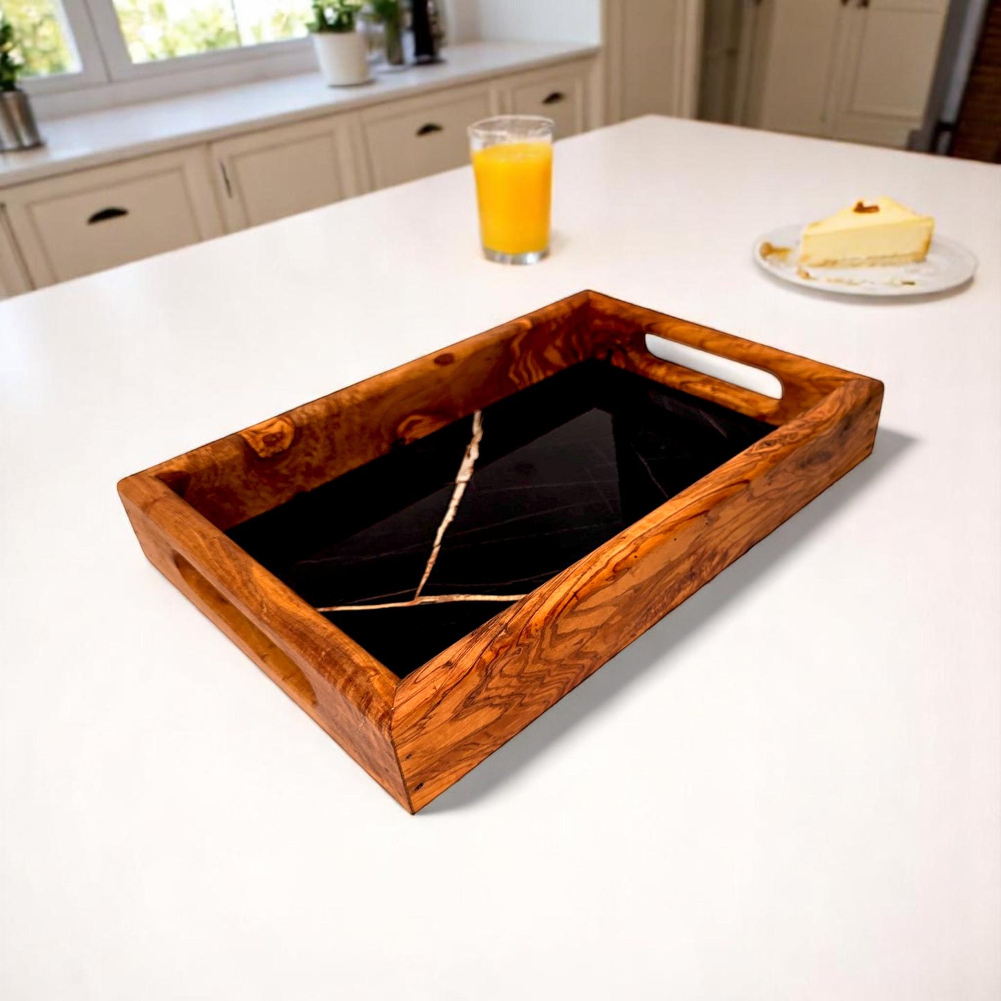 Olive Wood Rectangular Olive Wood Marble effect Tray with Handle