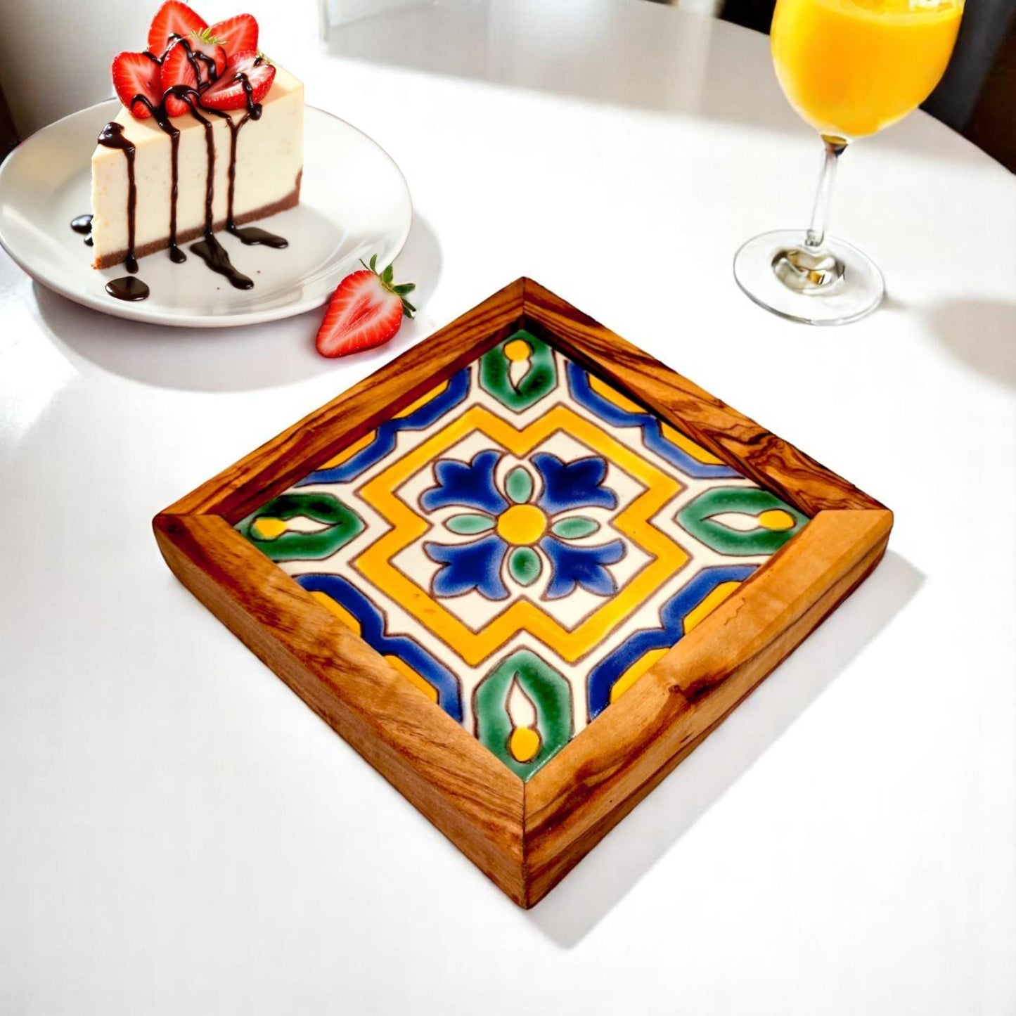 Square Olive Wood Ceramic Tray