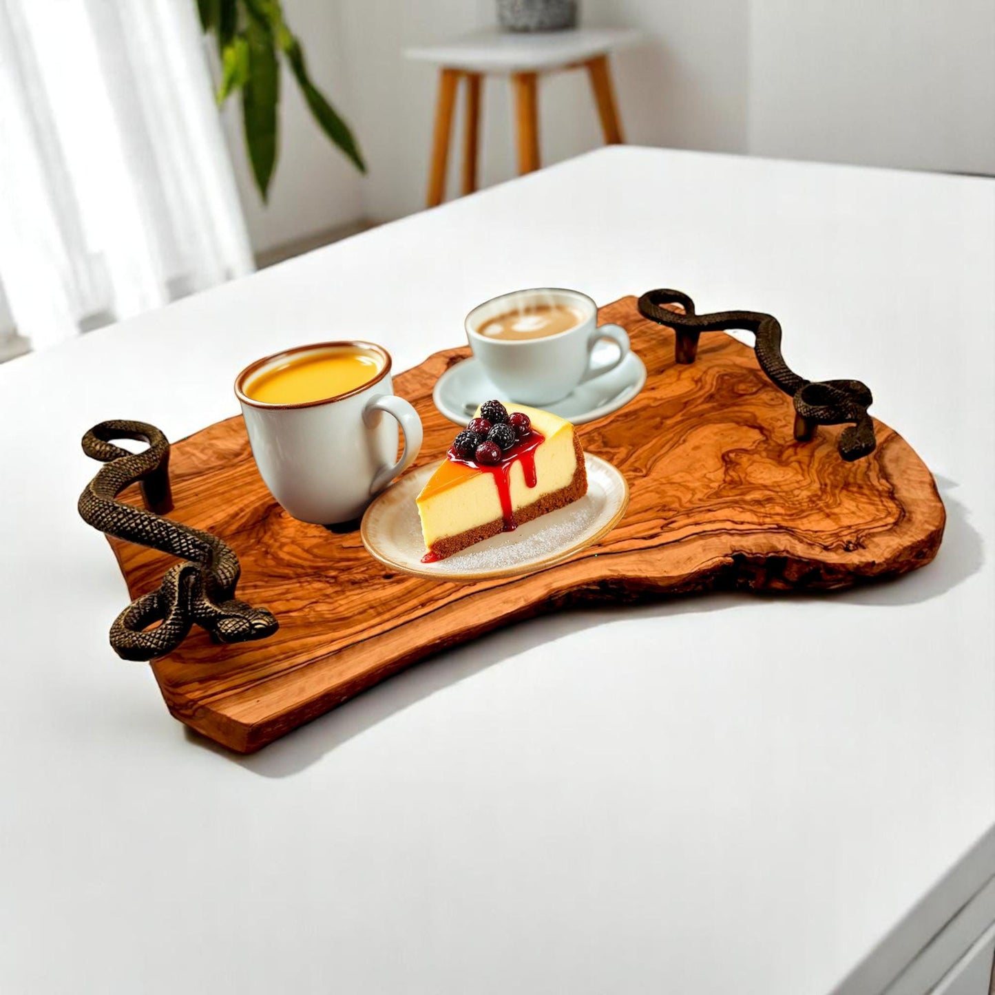 hand made olive wood tray with Snake shaped handle