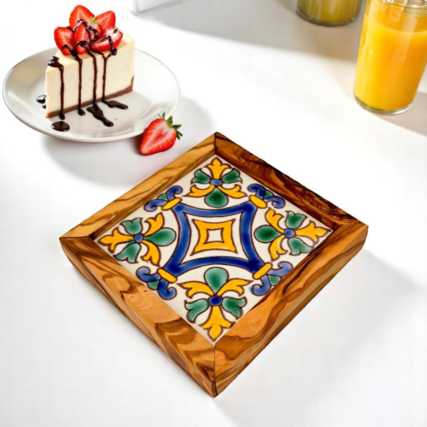 Square Olive Wood Ceramic Tray