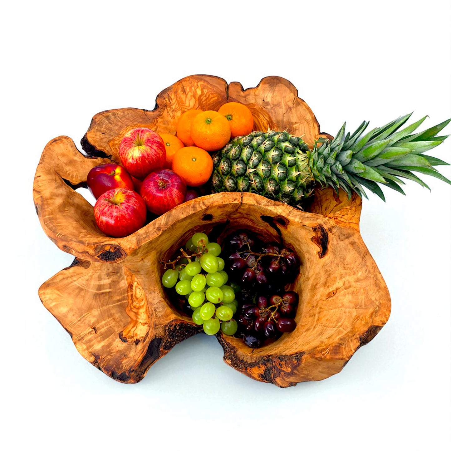 Rustic olive wood basket fruit , master piece, centrepiece
