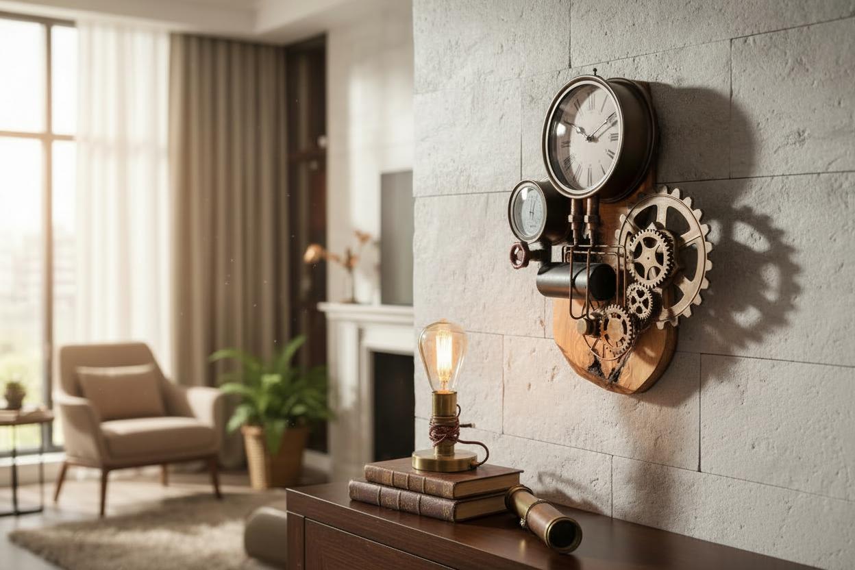 Industrial Steampunk Wall Clock | Live-Edge Olive Wood & Metallic Gear Decor