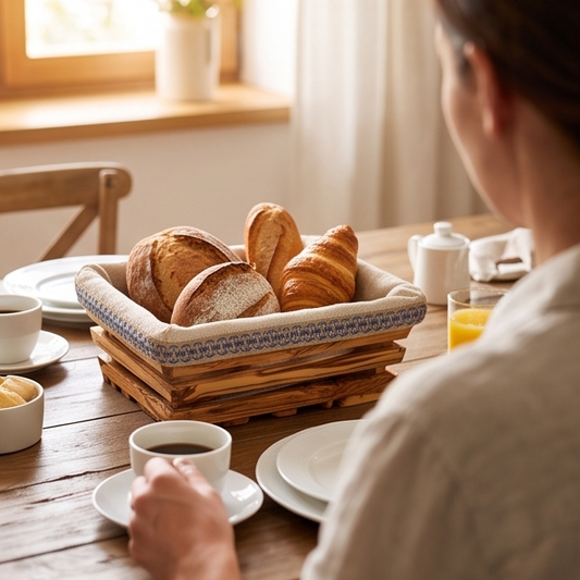 Handcrafted Olive Wood Bread Basket with Removable Fabric Liner | Rustic Tray