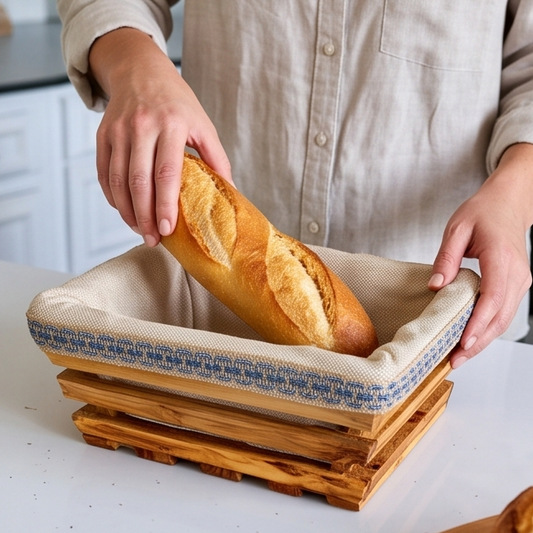 Handcrafted Olive Wood Bread Basket with Removable Fabric Liner | Rustic Tray