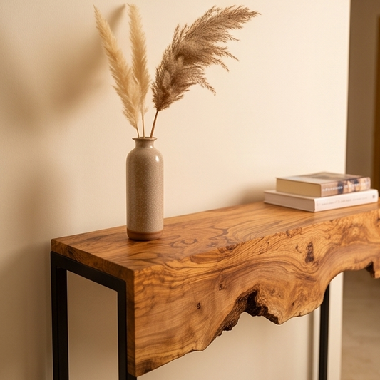Hand made olive wood mirror and console table set