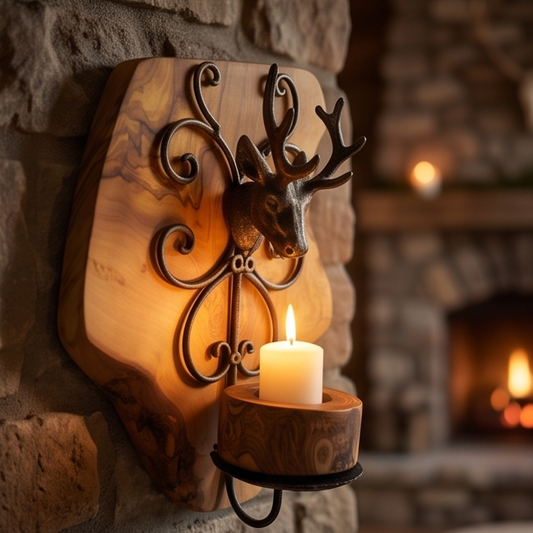 Rustic Olive Wood Stag Candle Holder Wall Sconce | Luxury Live Edge Deer Decor