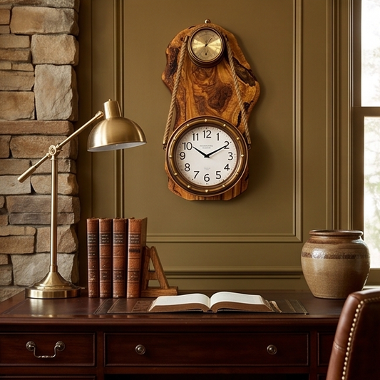 Beautiful brass finish rope clock with Olive Wood base