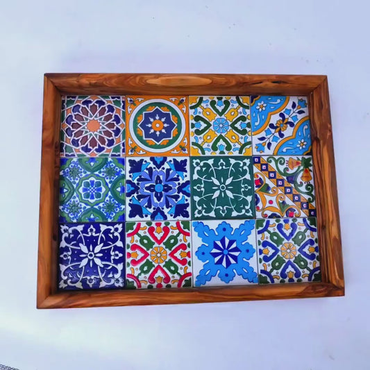 Rectangular Olive Wood Ceramic Tray with Handle