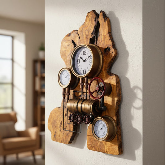 Wooden wall clock with multiple faces and decorative elements on a white wall.