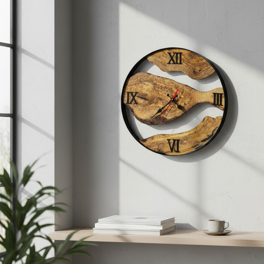 Minimalist Round Olive Wood Wall Clock | Luxury Metal Hoop Statement Clock