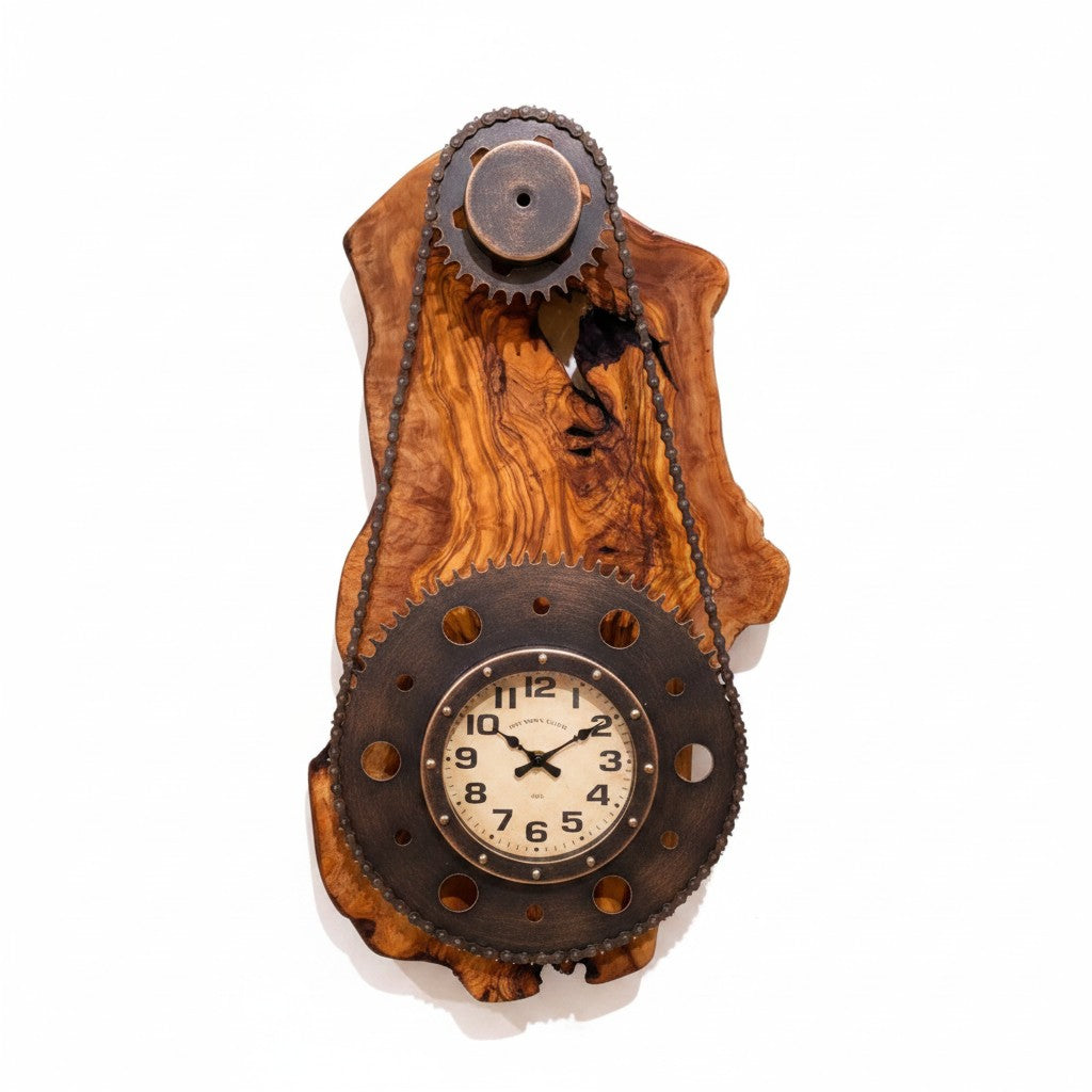 Industrial Gear & Chain Olive Wood Wall Clock | Luxury Steampunk Sprocket Statement Decor