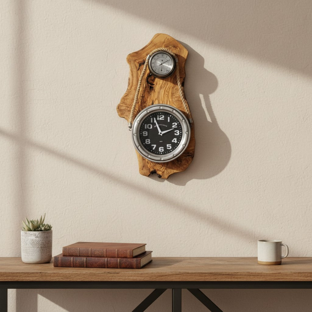 Olive Wood Wall Clock | Luxury Maritime Weather Station Decor