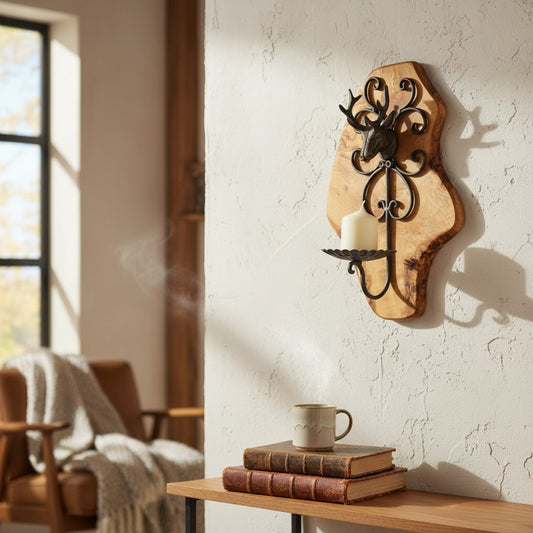 Rustic Olive Wood Stag Candle Holder Wall Sconce | Luxury Live Edge Deer Decor