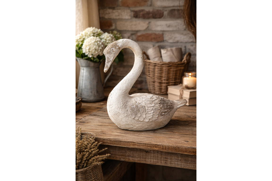 Elegant MGO Swan Garden Statue - Rustic White Shabby Chic Bird Ornament