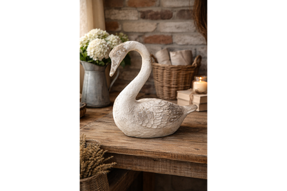 Elegant MGO Swan Garden Statue - Rustic White Shabby Chic Bird Ornament