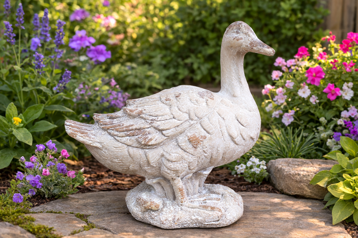Rustic MGO Duck Garden Statue - White Shabby Chic Goose Bird Ornament