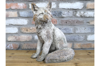 Rustic MGO Sitting Fox Statue - Antique White Shabby Chic Lawn Ornament