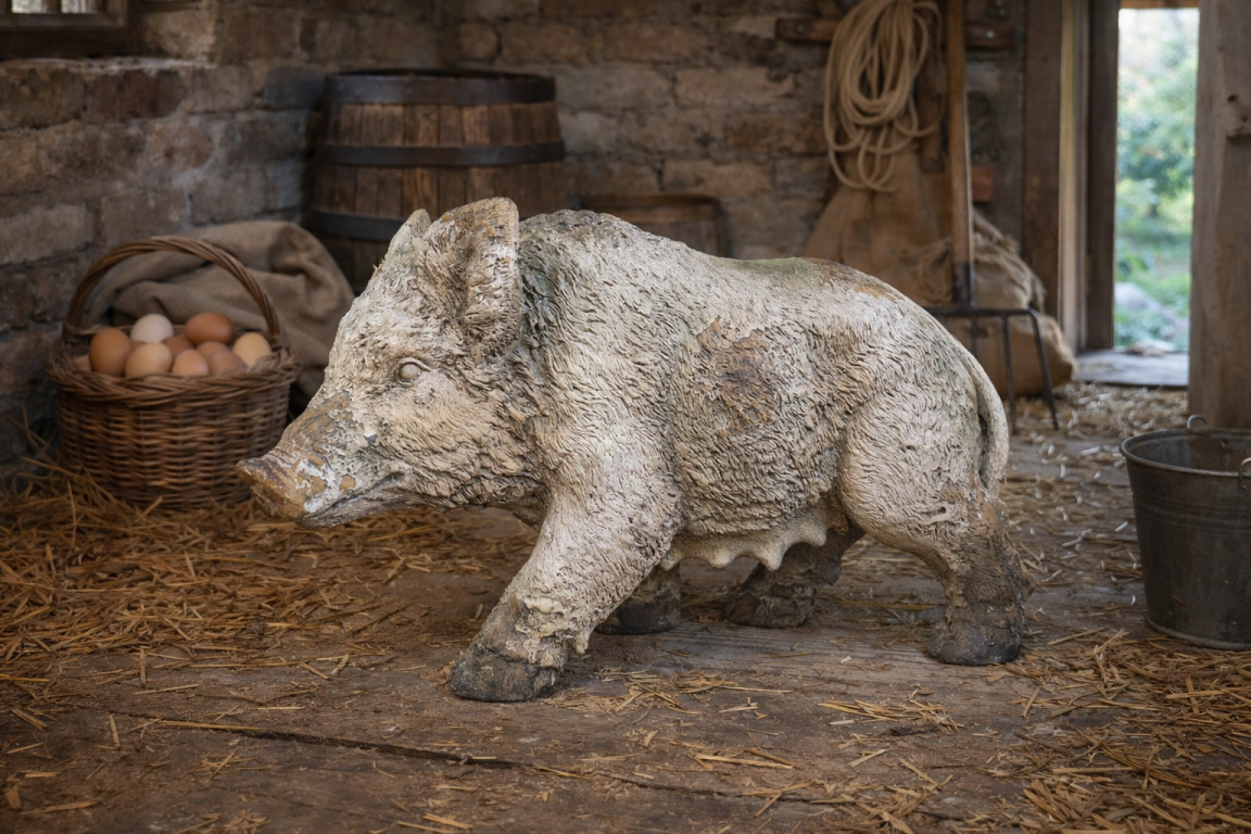 Rustic MGO Wild Boar Statue - Antique White Shabby Chic Pig Ornament