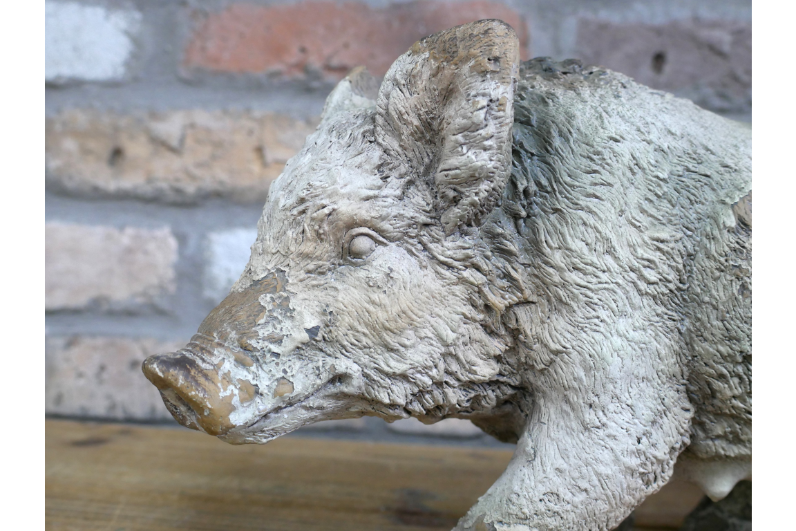Rustic MGO Wild Boar Statue - Antique White Shabby Chic Pig Ornament