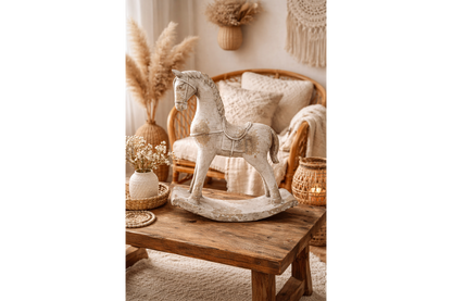 Rustic MGO Rocking Horse Sculpture - Antique White Shabby Chic Decor