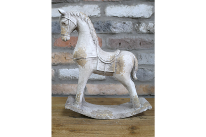 Rustic MGO Rocking Horse Sculpture - Antique White Shabby Chic Decor