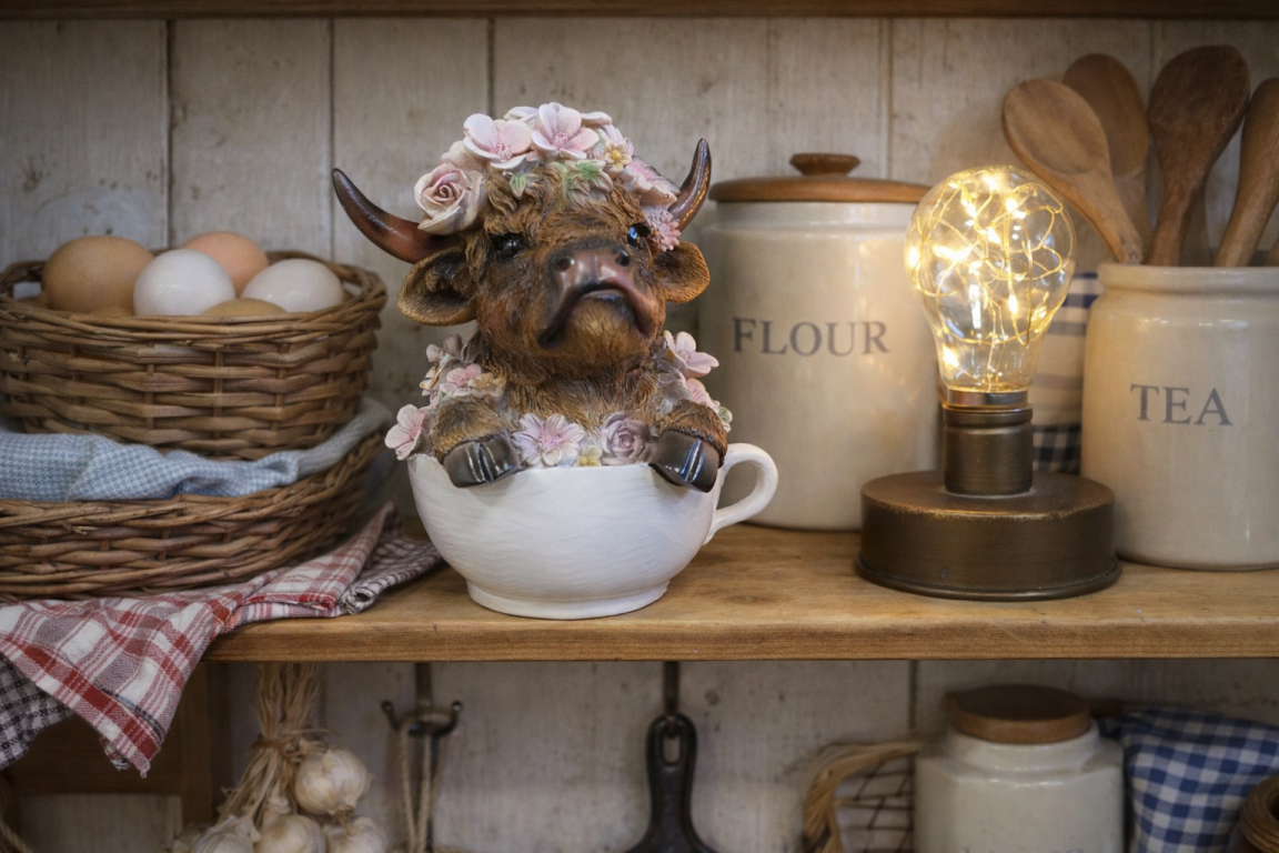 Cute Highland Cow in Teacup Ornament – Floral Resin Calf Figurine Home Decor
