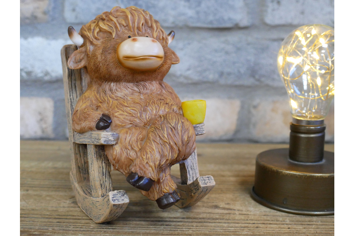 Cute Highland Cow in Rocking Chair Ornament – Resin Calf Figurine Home Decor