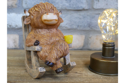 Cute Highland Cow in Rocking Chair Ornament – Resin Calf Figurine Home Decor