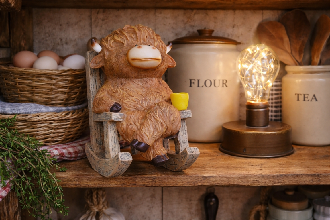 Cute Highland Cow in Rocking Chair Ornament – Resin Calf Figurine Home Decor