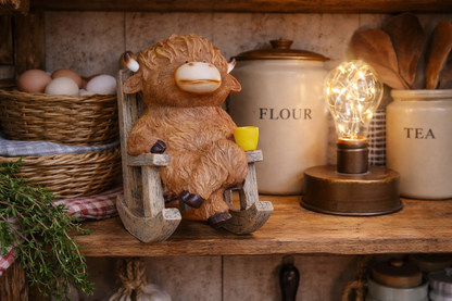 Cute Highland Cow in Rocking Chair Ornament – Resin Calf Figurine Home Decor