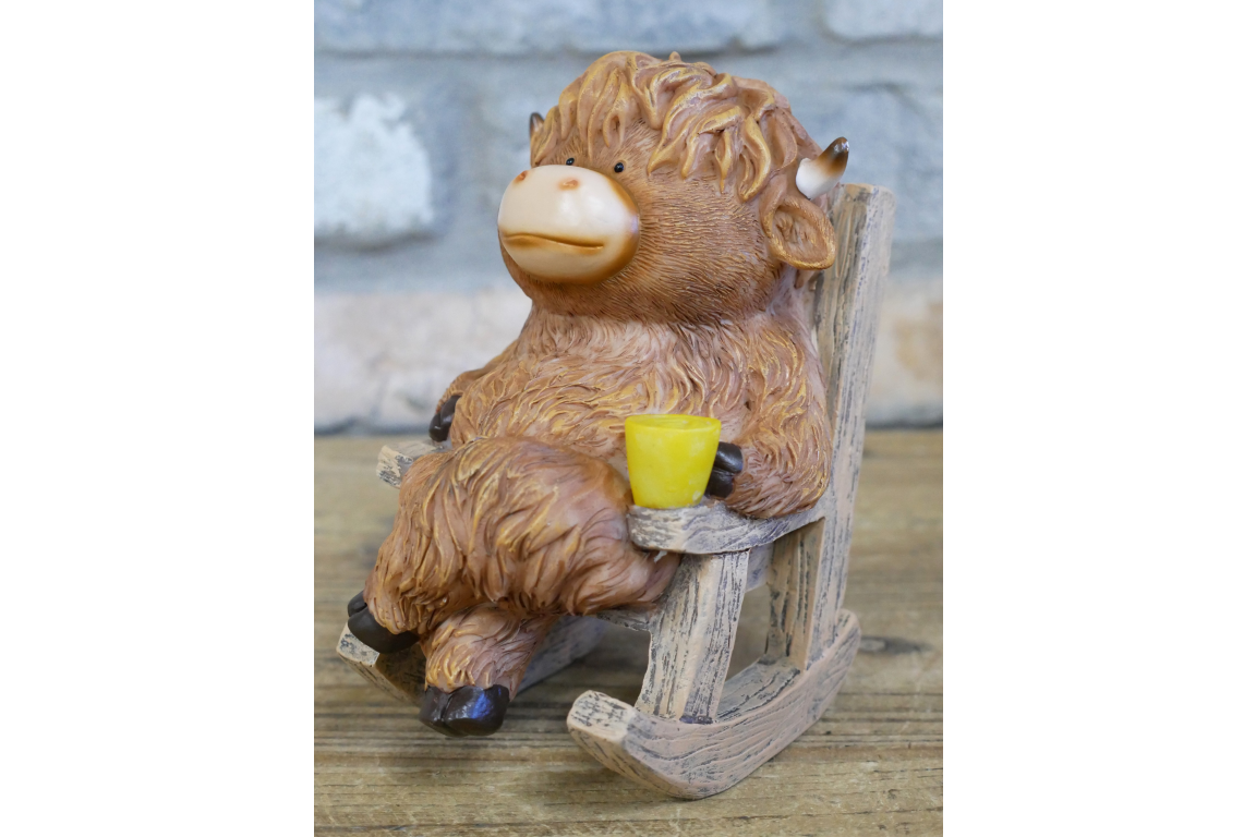 Cute Highland Cow in Rocking Chair Ornament – Resin Calf Figurine Home Decor