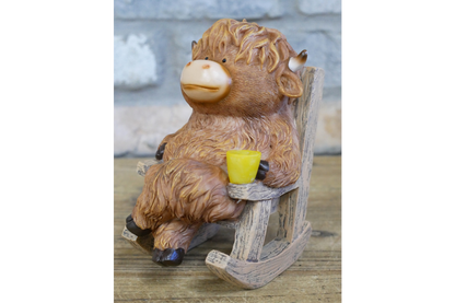 Cute Highland Cow in Rocking Chair Ornament – Resin Calf Figurine Home Decor