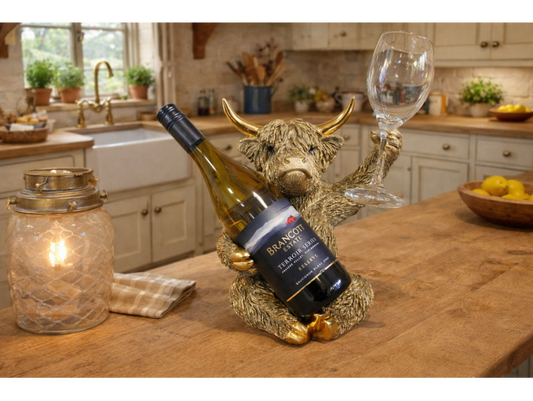 Highland Cow Wine & Glass Holder - Gold