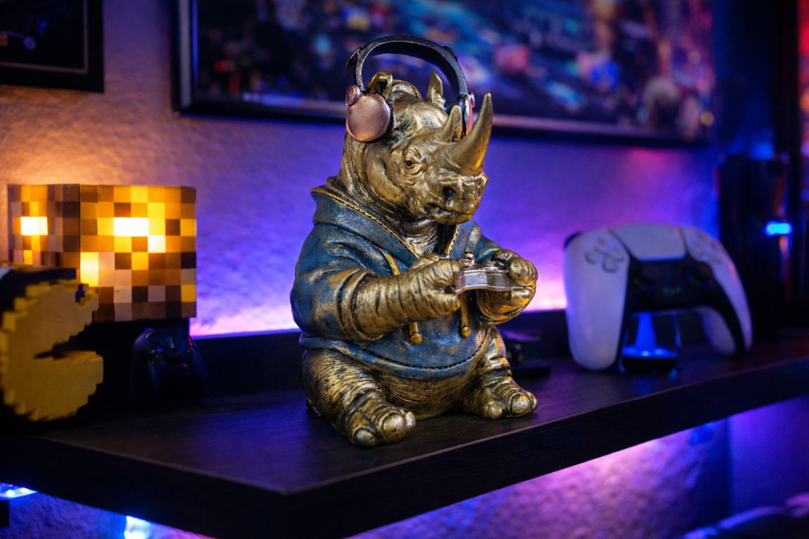 Gamer Rhino Resin Ornament Funny Gaming Rhinoceros Controller Figurine