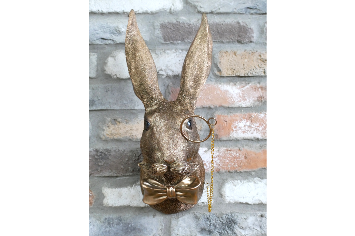 Gold Hare Wall Mount Monocle Bow Tie Rabbit Head Sculpture