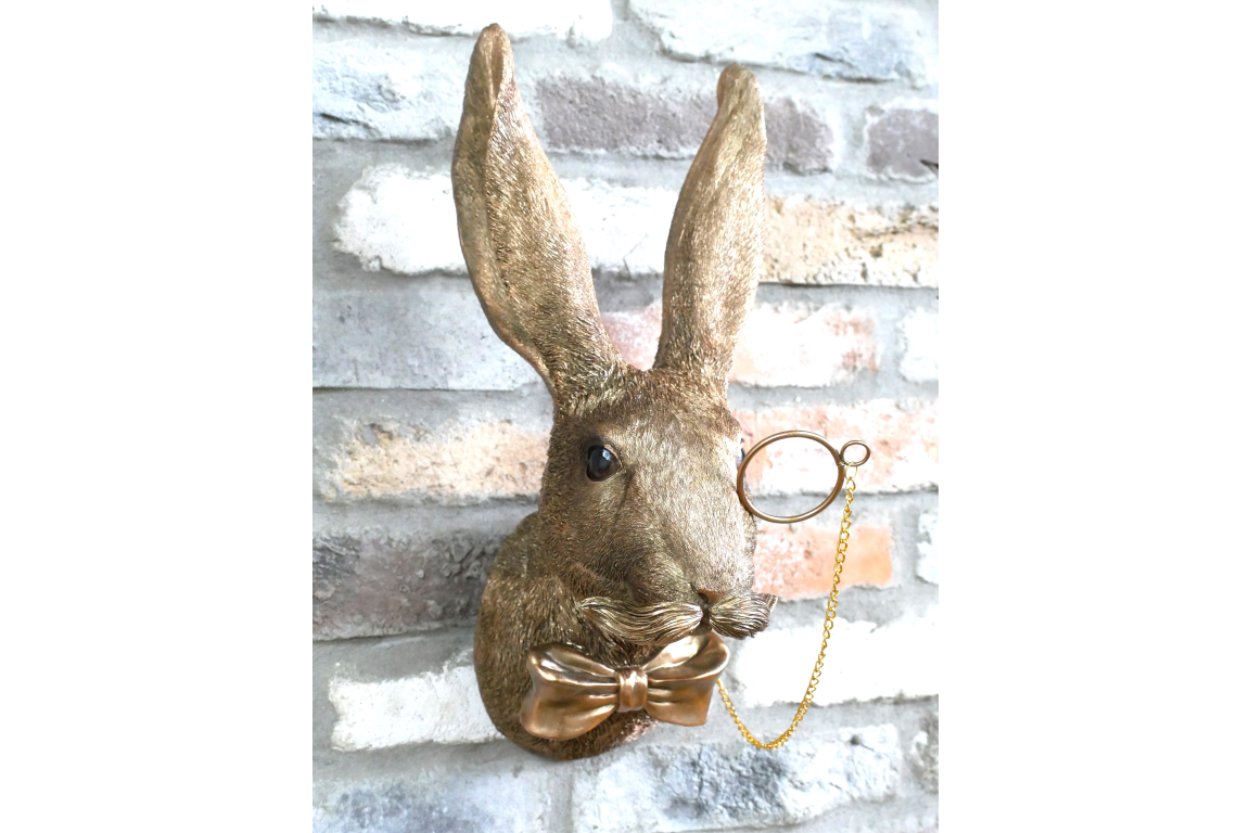 Gold Hare Wall Mount Monocle Bow Tie Rabbit Head Sculpture