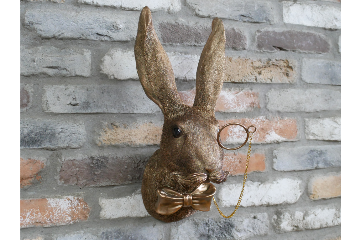 Gold Hare Wall Mount Monocle Bow Tie Rabbit Head Sculpture