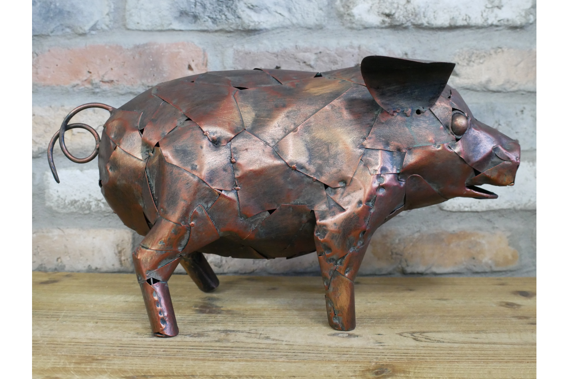 Metal Pig Sculpture - Rustic Copper Garden Ornament & Home Decor