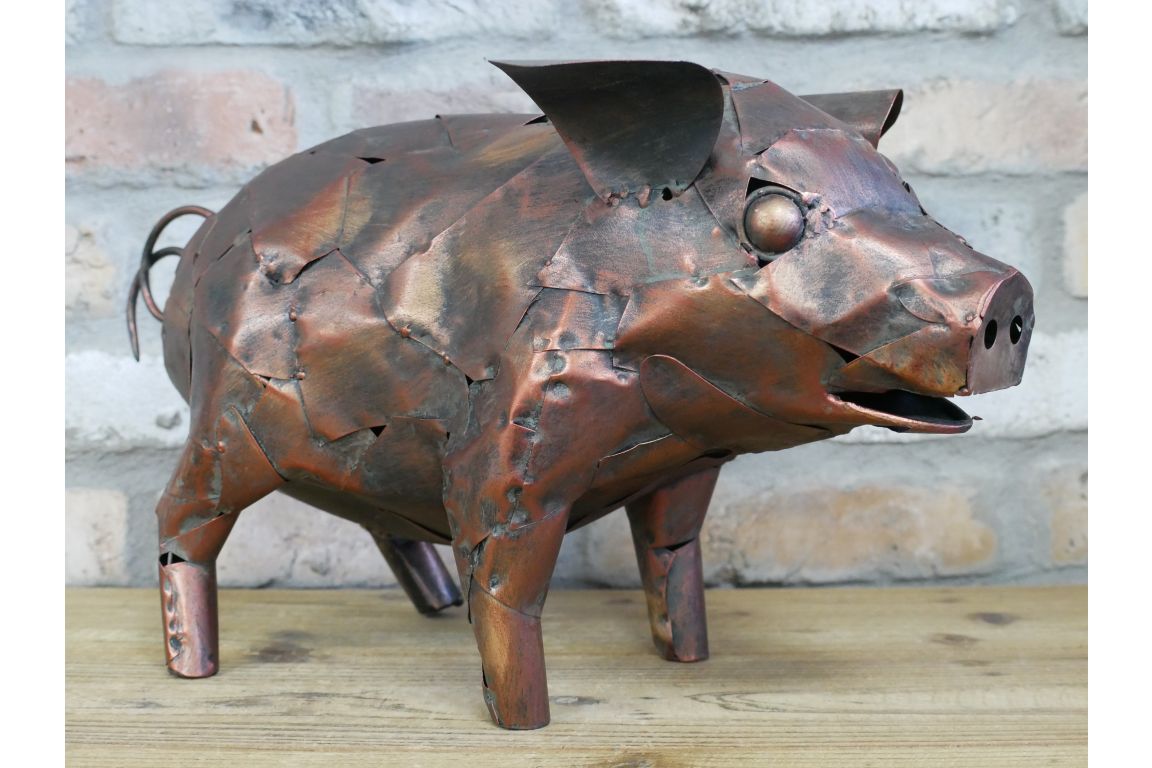 Metal Pig Sculpture - Rustic Copper Garden Ornament & Home Decor