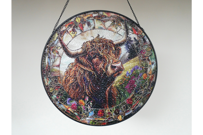 Highland Cow Stained Glass Suncatcher Hanging Window Panel Ornament
