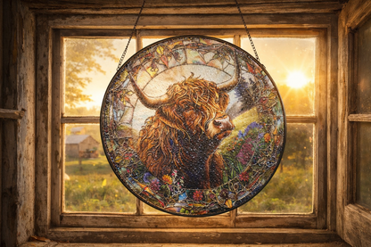 Highland Cow Stained Glass Suncatcher Hanging Window Panel Ornament