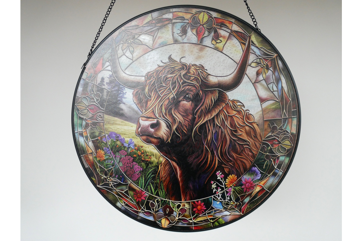 Highland Cow Stained Glass Suncatcher Hanging Window Panel Ornament